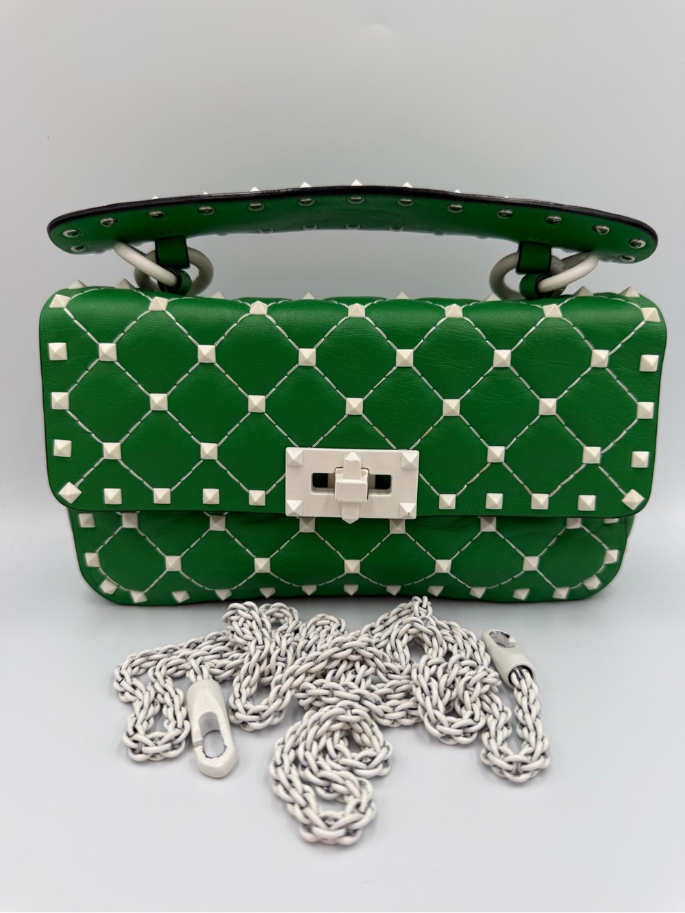 Valentino Garavani Green Quilted Leather Shoulder Bag with Chain Crossbody Strap